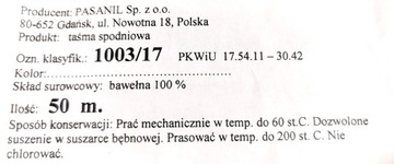 Taśma spodniowa 17 mm beżowa bawełniana 1 m