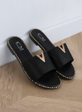 8129 ЧЕРНЫЕ КОЖАНЫЕ ЖЕНСКИЕ ТАПОЧКИ ДЕКОР 39