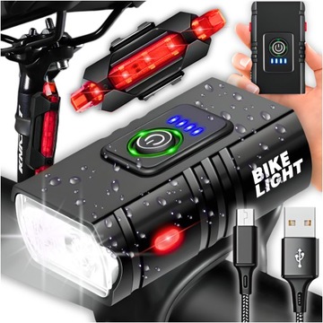 MOCNA LAMPKA ROWEROWA PRZEDNIA TYLNA LED WODOODPORNA AKUMULATOR USB ZESTAW