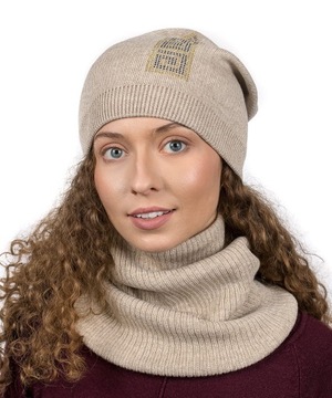 Czapka Komin Golf Komplet Grecki Wzór Zestaw Damski Beanie Jasnobeżowy