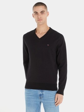 sweter meski tommy hilfiger czarny w serek elegancki małe logo bawełniany