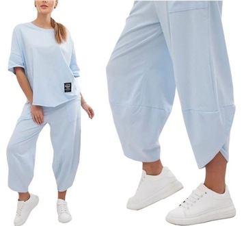 WŁOSKI ELEGANCKI KOMPLET BAWEŁNIANY BLUZKA SPODNIE DRESOWY OVERSIZE U