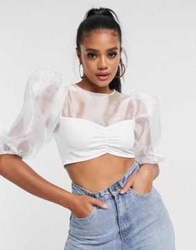 BIAŁY CROP TOP DAMSKI Z BUFKAMI 36 S 1VAQ