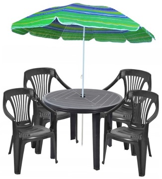 MEBLE OGRODOWE ZESTAW PLASTIKOWY 4+1 KRZESŁA PIRYT OKRĄGŁY STÓŁ PARASOL