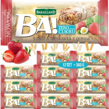 BATON BA! TRUSKAWKA & QUINOA 12 sztuk 360g BAKALLAND Bez Cukru Z INULINĄ