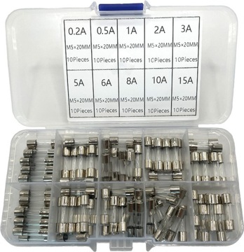 ZESTAW BEZPIECZNIKÓW SZKLANYCH 5x20mm 0.2-15A BEZPIECZNIKI SZKLANE 100szt