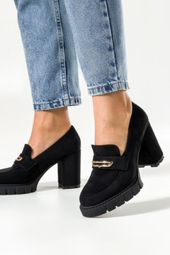 CZARNE MOKASYNY DAMSKIE PÓŁBUTY NA SŁUPKU ZE ZŁOTĄ OZDOBĄ MODNE r 39