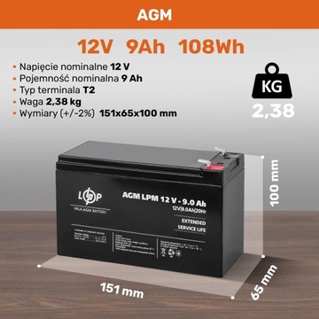 АККУМУЛЯТОРНАЯ БАТАРЕЯ AGM 12 В 9 Ач 108 Втч ДЛЯ АВАРИЙНОГО ПИТАНИЯ ИБП