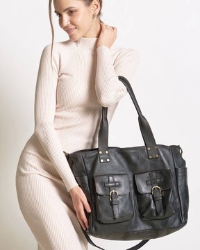 Skórzana torba damska na ramię shopper bag XL czarny - MARCO MAZZINI v232a