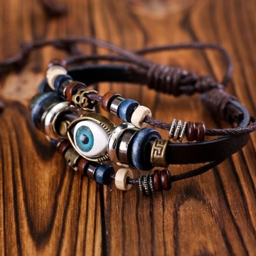 BRANSOLETKA SKÓRZANA EVIL EYE BOHO VINTAGE NASTAWNY MANKIET Z KORALIKÓW