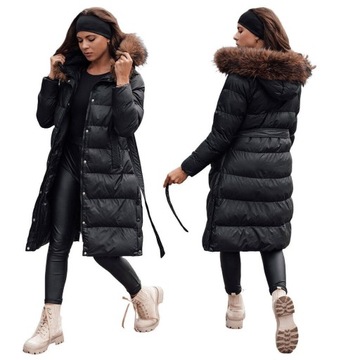 PIKOWANA KURTKA DAMSKA ZIMOWA Z KAPTUREM CZARNA ty4608 - L