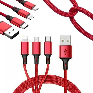 KABEL USB 3w1 USB C LIGHTNING MICRO ŁADOWANIE 1,2m