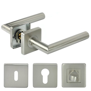 KLAMKA DRZWIOWA STAL NIERDZEWNA KOMPLET ROZET INOX