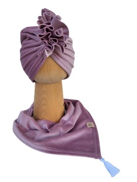 Zestaw Czapka Turban + Chusta Welur Róż 48-51cm