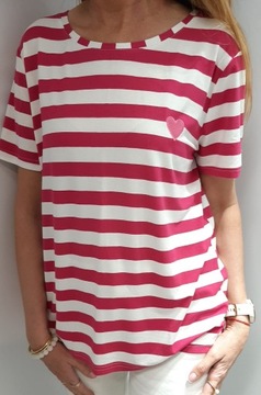 COCOMORE T- shirt Bluzka w Paski z Sercem Fuksja + Biały 40/L NEW