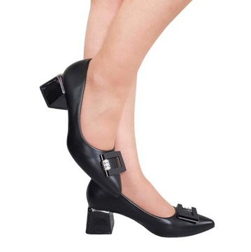 Wyjątkowe Czarne Buty Czółenka Ozdobne Klamry Cyrkonie Słupek 5 Cm 40