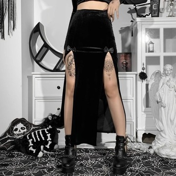 Vintage Black Velvet Split Skirts Aesthetic Sexy H