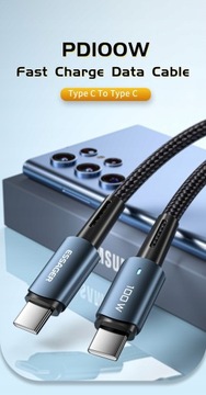 Kabel USB typ C - USB typ C 3 metry 100W Essager LED Mocny oplot Szybki