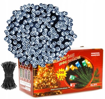 LAMPKI CHOINKOWE LED ŚWIĄTECZNE ZEWNĘTRZNE 100 LED BIAŁE ZIMNE
