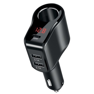SZYBKA ŁADOWARKA SAMOCHODOWA – USB C + 2 USB – 45W + GNIAZDO ZAPALNICZKI
