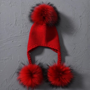 Knitted Baby Hat with Three Real Fur Pompom Children Beanie Boy Girl