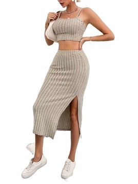 Damski Komplet Top Ze Spódnicą, Materiał Prążkowany Beżowy / L-XL