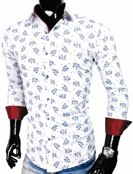 Koszula męska biała we wzory slim fit EN569 dodatek elastanu r. L