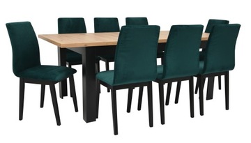 KOMPLET 8 krzeseł velvet ZIELEŃ do salonu duży stół rozkładany DĄB 160/200