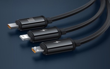 BASEUS SZYBKI ZWIJANY KABEL 3W1USB DO MICRO/USB-C/LIGHTNING 100W 1.1M 6A