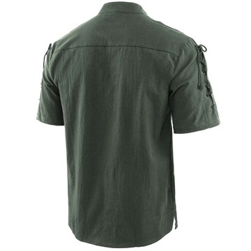 Bawełniana koszula męska ze stójką modna elegancka wygodna wiązana zielona