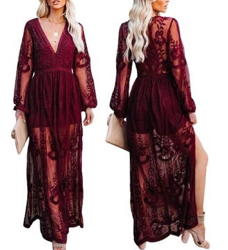 Długa sukienka Bordo na lato koronkowa elegancka