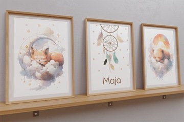 3 OBRAZKI DO POKOJU DZIECIĘCEGO A3 ZESTAW PLAKATY BOHO IMIE DZIECKA PREZENT