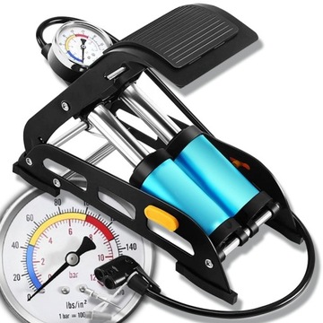 MOCNA POMPKA NOŻNA DWUTŁOKOWA SAMOCHODOWA ROWEROWA Z MANOMETREM