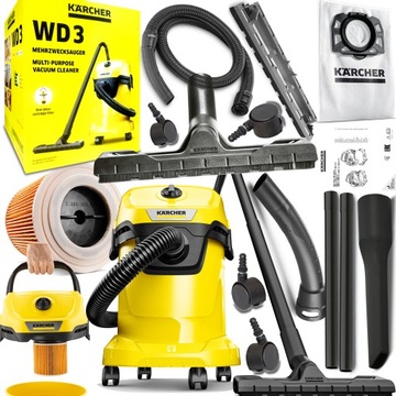 KARCHER NAJNOWSZY MODEL ODKURZACZ BEZWORKOWY WD 3 PRZEMYSŁOWY ZESTAW XXL