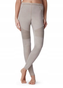 CALZEDONIA LEGGINSY BIKER PŁÓTNO BAWEŁNA BEŻ piaskowy S/36