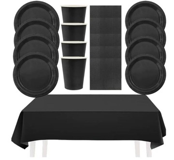 Набор тарелок, чашек, бумажных салфеток, черная скатерть BIRTHDAY