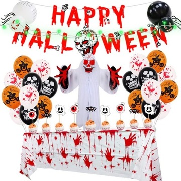 DEKORACJE NA HALLOWEEN BANER Z GŁOWĄ ZAKRWAWIONY OBRUS CZASZKA PAJĄK BALONY