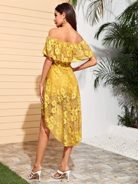 Sukienka koronkowa żółta z odkrytymi ramionami