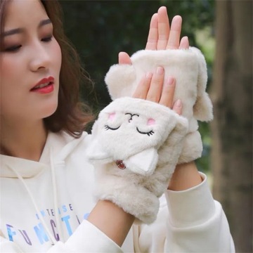 Winter Cat Rabbit Mittens Fingerless Gloves Thick Soft Plush Winter Warm