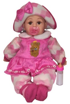 LALKA, BOBAS mówi śpiewa smoczek butelka 42cm Wady