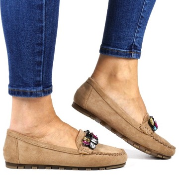 iButy DAMSKIE MOKASYNY Z KAMIENIAMI PŁASKIE KHAKI CIEMNE BEŻOWE