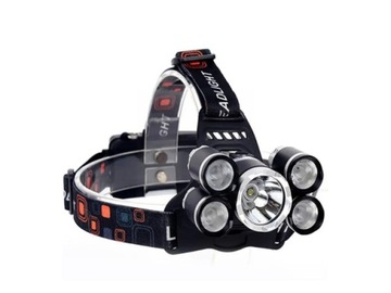 LATARKA CZOŁOWA LED T6 5x LED Z AKUMULATOREM w zestawie ładowalna