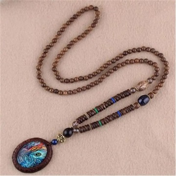 Naszyjnik Drewniany NEPAL BUDDYJSKI MALA TYBETAŃSKI KORALE HANDMADE Amulet