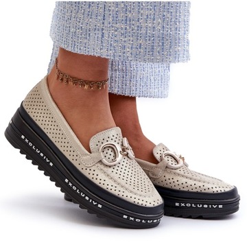 MOKASYNY DAMSKIE SKÓRZANE NA PLATFORMIE Z OZDOBĄ S.BARSKI LR750 ZŁOTE 38