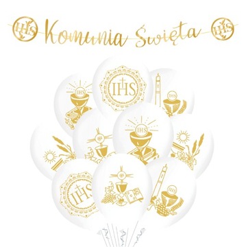 ZESTAW BALONY KOMUNIA BIAŁE ZŁOTE + BANER NAPIS