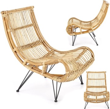 Fotel do Salonu Boho Wypoczynkowy Skandynawski Rattanowy Metalowy Naturalny