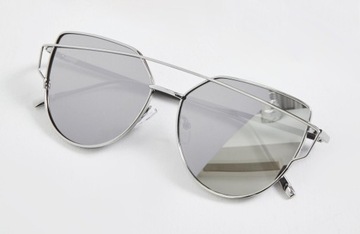 Okulary lustrzanki kocie oko przeciwsłoneczne modne damskie srebrne