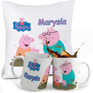 ZESTAW ŚWINKA PEPPA KUBEK + PODUSZKA + IMIE