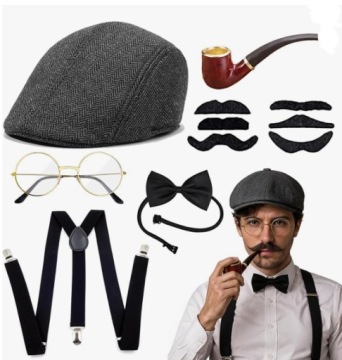 Kostium zestaw gangstera lat 20 11W1 gatsby kapelusz szelki okulary wąsy