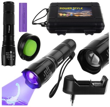 LATARKA Taktyczna Szperacz LED CREE XPE 2w1 ZOOM Tester UV Klima Bursztyn